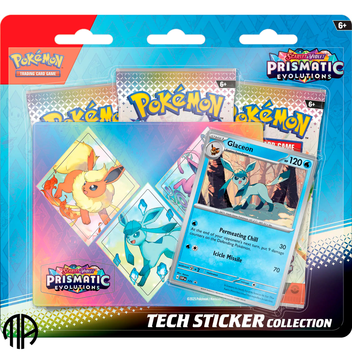 Pokmon TCG, Tech Sticker Collection: Prismatic Evolutions, Glaceon (3 Pakker)